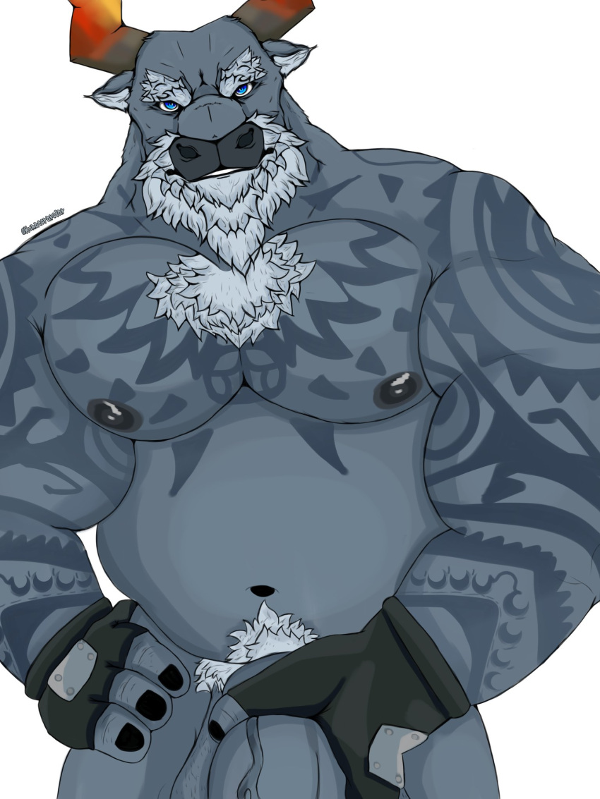 anthro beard blue_eyes bovid bovine cattle clothing dislyte djoser_(dislyte) eyebrows facial_hair fingerless_gloves gloves handwear hi_res horn kumatorapolar male mammal nipples pecs pubes solo tattoo white_beard white_eyebrows white_pubes