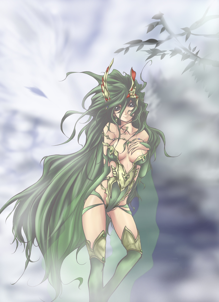 absurdres blue_eyes boots breast_suppress breasts cleavage detached_sleeves dragon earrings final_fantasy final_fantasy_iv final_fantasy_iv_the_after green_footwear green_hair green_leotard hair_ornament harapeko1129 highres jewelry large_breasts leotard long_hair mist_dragon older revealing_clothes rydia smile thigh_boots thighhighs very_long_hair
