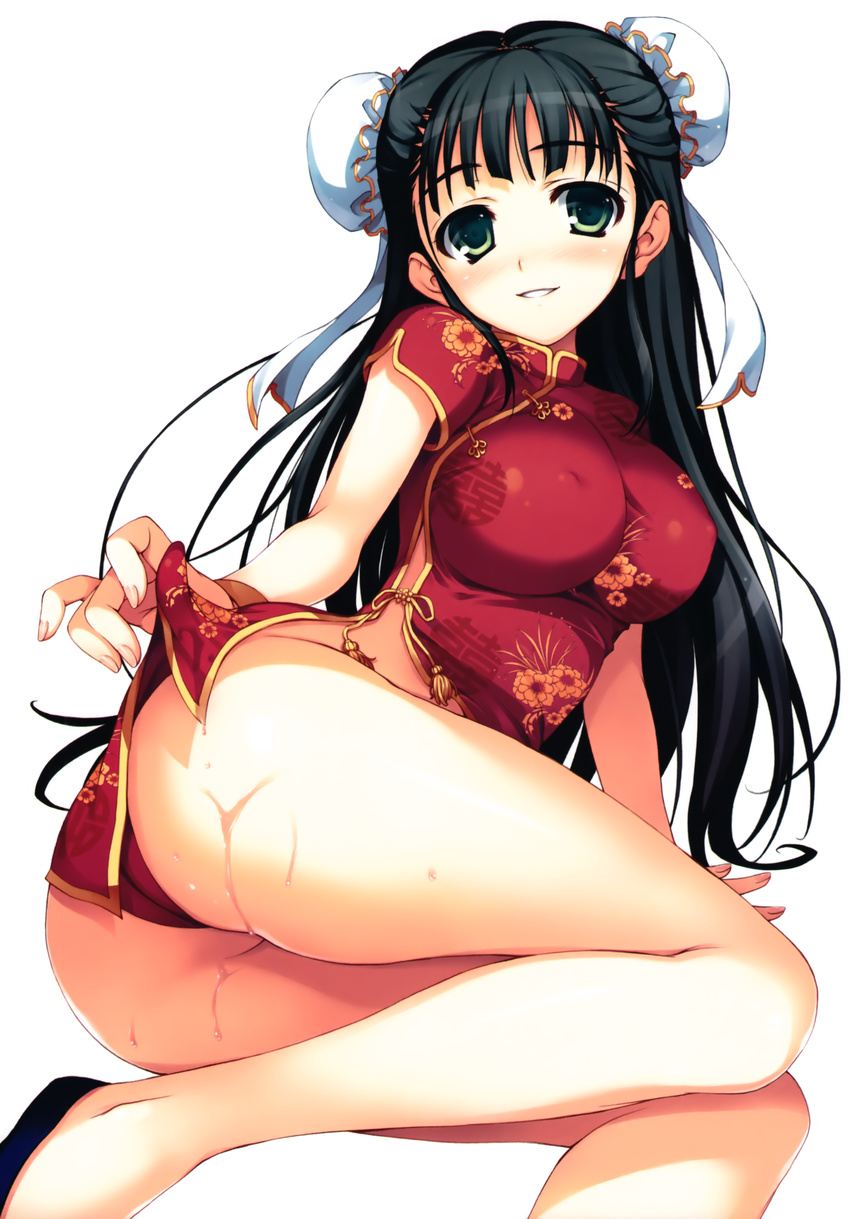 absurdres arm_support black_hair breasts bun_cover china_dress chinese_clothes double_bun dress green_eyes highres large_breasts long_hair lying non-web_source on_side original panties red_panties simple_background smile solo tomose_shunsaku underwear wet
