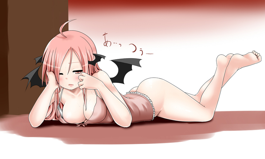 ahoge ass barefoot bat_wings blush bottomless breasts brown_hair downblouse feet full_body head_wings highres hot koakuma large_breasts legs long_hair lying miki_purasu on_stomach one_eye_closed red_eyes red_hair sleepy solo touhou wings