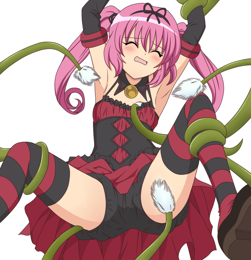 armpits artist_request bdsm bloomers blush bondage bound bound_arms closed_eyes colorized elbow_gloves flat_chest gloves highres long_hair nana_asta_deviluke purple_hair solo spread_legs striped striped_legwear tentacles thighhighs tickling to_love-ru twintails underwear