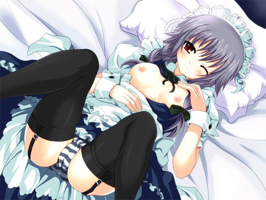 bad_id bad_pixiv_id braid breasts derivative_work highres izayoi_sakuya izumioo maid maid_headdress medium_breasts nipples panties red_eyes short_hair silver_hair solo striped striped_panties thighhighs touhou twin_braids underwear