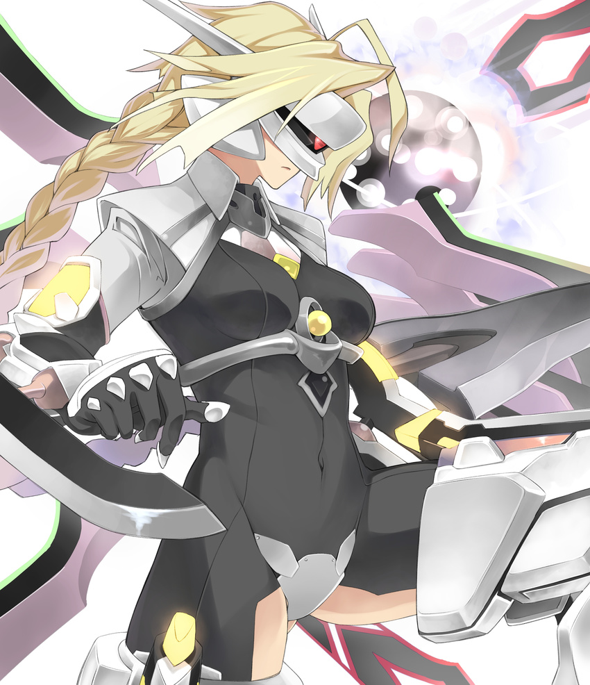 absurdres ahoge armor blazblue blonde_hair braid breasts highres lambda-11 long_hair matsuike mecha_musume medium_breasts skin_tight solo sword weapon