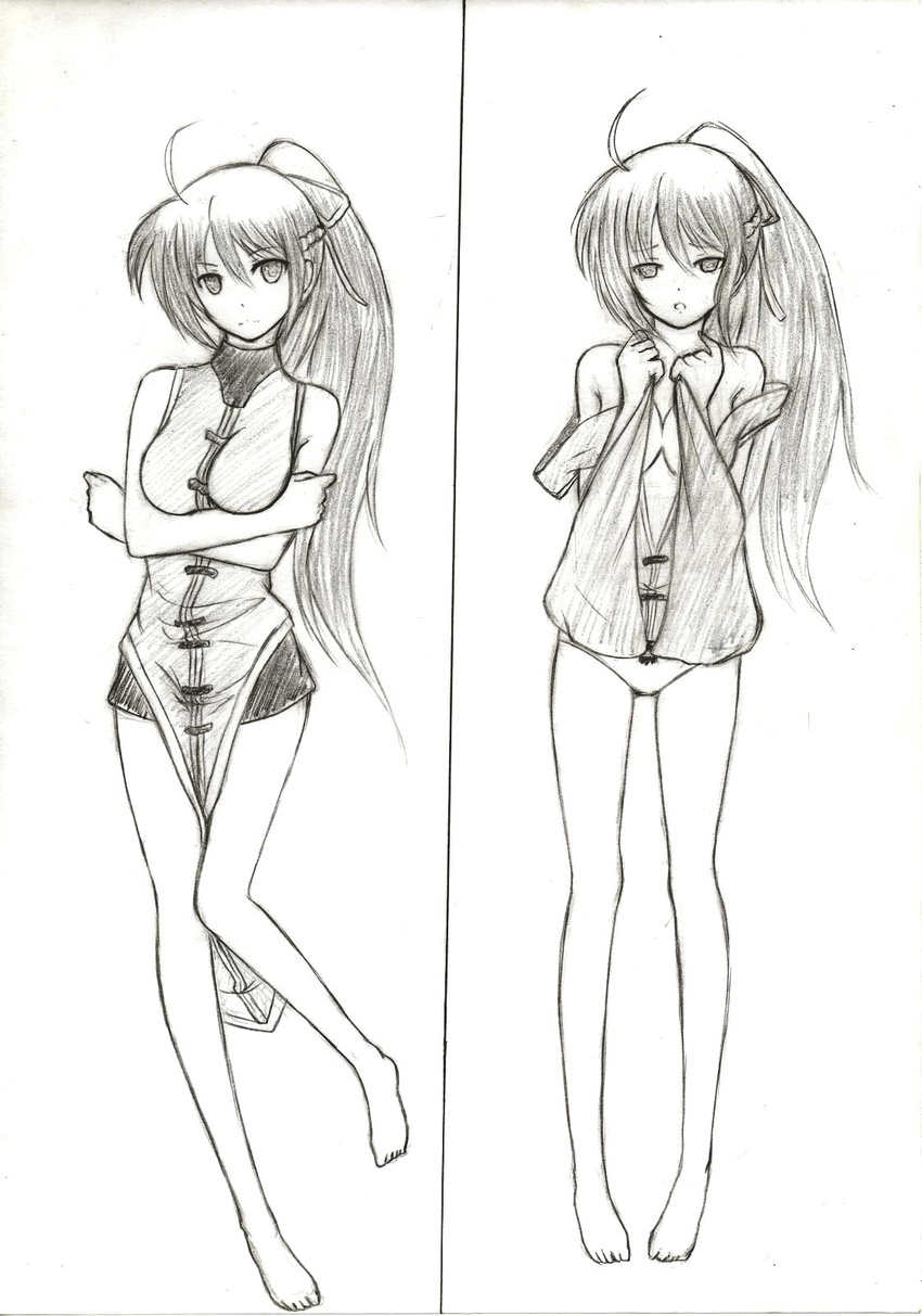 artist_request breasts greyscale highres large_breasts legs long_hair lyrical_nanoha mahou_shoujo_lyrical_nanoha mahou_shoujo_lyrical_nanoha_a's mahou_shoujo_lyrical_nanoha_strikers monochrome open_clothes ponytail signum