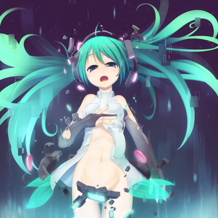 aqua_eyes aqua_hair bridal_gauntlets digital_dissolve dissolving_clothes elbow_gloves fingerless_gloves gloves groin hatsune_miku hatsune_miku_(append) highres long_hair navel necktie solo takeda_yukimura twintails very_long_hair vocaloid vocaloid_append