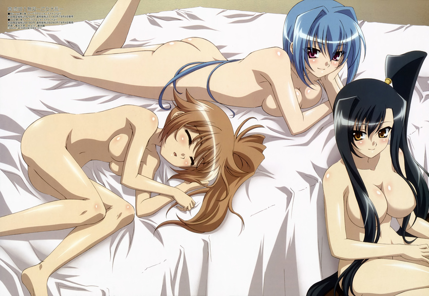absurdres ass back bangs barefoot batai bed black_hair blue_hair blush body_blush breast_press breasts brown_hair censored chin_rest chouun cleavage closed_eyes convenient_arm convenient_censoring convenient_leg fetal_position flipped_hair groin hair_between_eyes hair_censor hair_intakes hair_over_breasts high_ponytail highres indoors kan'u kikunaga_chisato kneepits koihime_musou large_breasts leg_up legs long_hair looking_at_viewer lying megami multiple_girls navel non-web_source nude official_art on_side on_stomach open_mouth purple_eyes scan shin_koihime_musou shiny shiny_hair side_ponytail sideboob sidelocks sitting sleeping smile very_long_hair wide_hips yellow_eyes