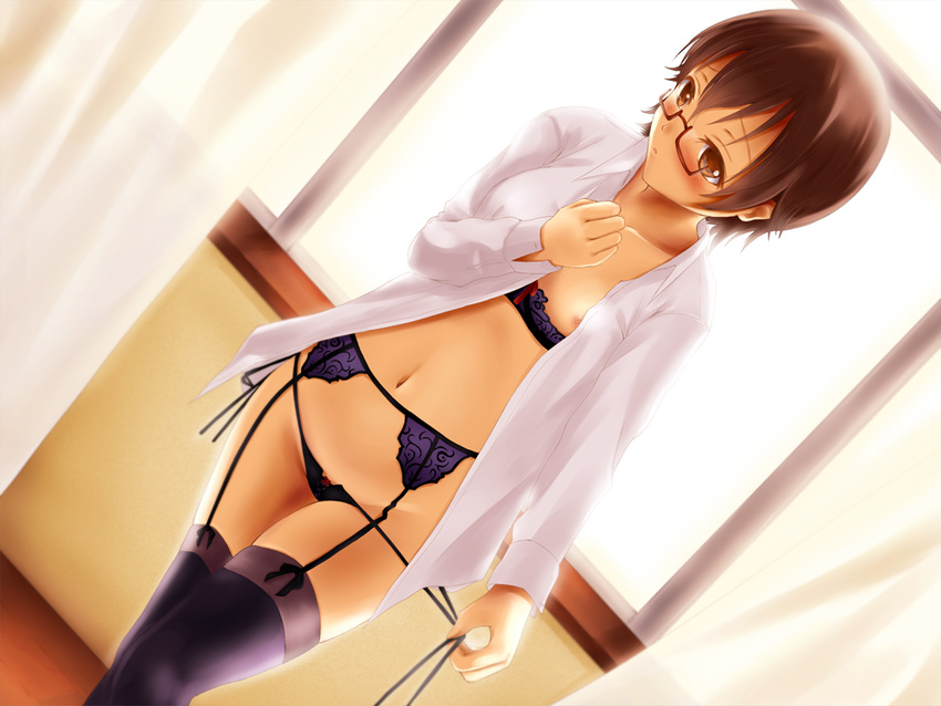 bad_id bad_pixiv_id blush bra breasts brown-framed_eyewear brown_eyes brown_hair curtains embarrassed garter_belt glasses k-on! lingerie manabe_nodoka naked_shirt nipple_slip nipples open_clothes open_shirt panties semi-rimless_eyewear shelf_bra shimoku shirt short_hair side-tie_panties small_breasts solo thighhighs under-rim_eyewear underwear undressing untied untying white_shirt window