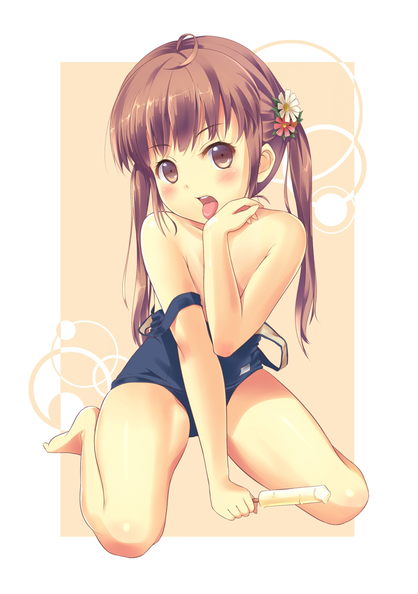 absurdres bare_shoulders barefoot brown_eyes brown_hair flat_chest flower food highres kneeling long_hair one-piece_swimsuit original popsicle school_swimsuit solo supertie swimsuit swimsuit_pull tongue twintails