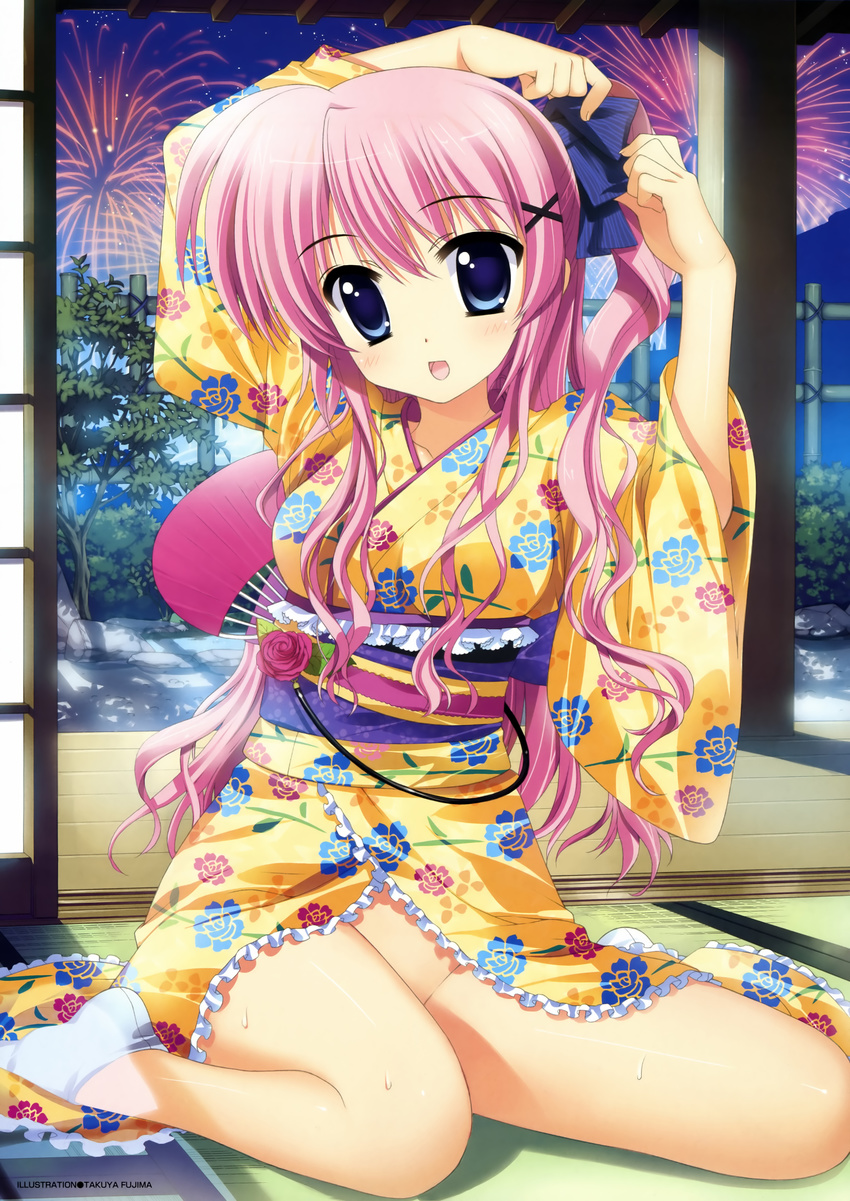 absurdres adjusting_hair arms_up blue_eyes blush eyebrows eyebrows_visible_through_hair fan fireworks floral_print frills fujima_takuya highres indoors japanese_clothes kimono long_sleeves looking_at_viewer multicolored multicolored_clothes multicolored_kimono no_panties obi original paper_fan pink_hair print_kimono sash scan sitting smile solo tareme tatami uchiwa wavy_hair yellow_kimono yokozuwari yukata