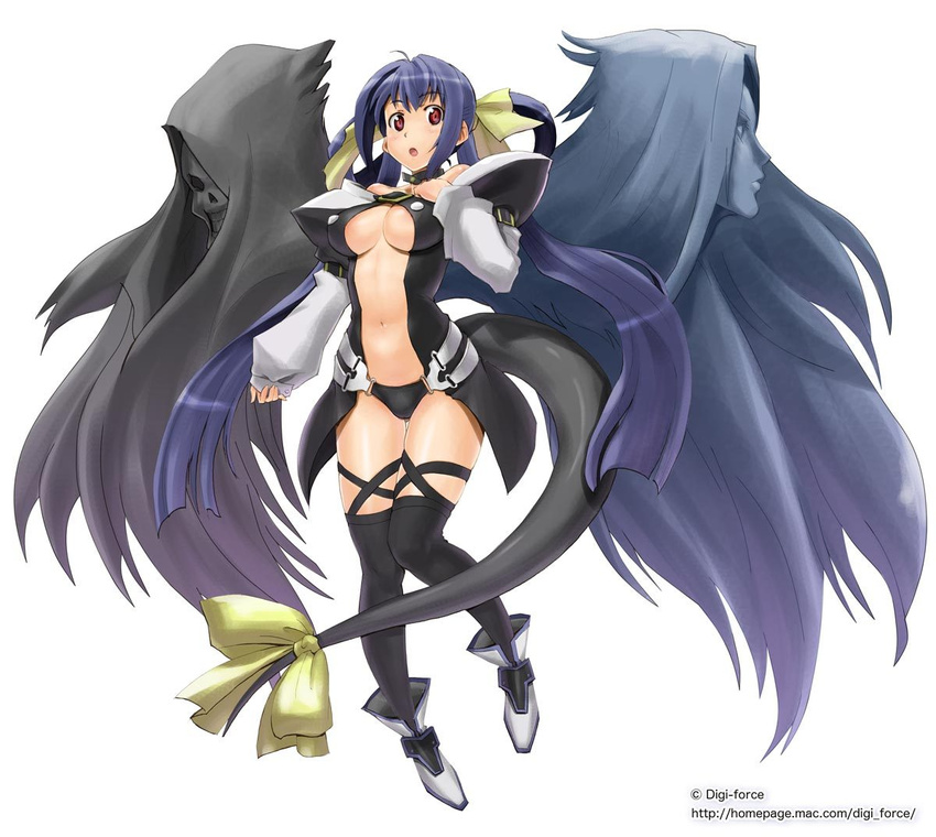 :o ahoge ankle_boots asymmetrical_wings bangs bare_shoulders black_legwear black_panties blue_hair blush boots breasts breasts_apart buckle buttons center_opening choker cross-laced_clothes demon_girl detached_sleeves dizzy evil_grin evil_smile full_body grin guilty_gear hair_ribbon hair_rings half_updo hand_on_own_chest hood kimura_shigetaka long_hair looking_at_viewer medium_breasts navel necro_(guilty_gear) no_bra open_mouth panties puffy_detached_sleeves puffy_sleeves red_eyes ribbon simple_background skeleton sleeves_past_wrists smile standing tail tail_ribbon thigh_gap thigh_strap thighhighs twintails underboob underwear undine_(guilty_gear) very_long_hair watermark web_address white_background wings