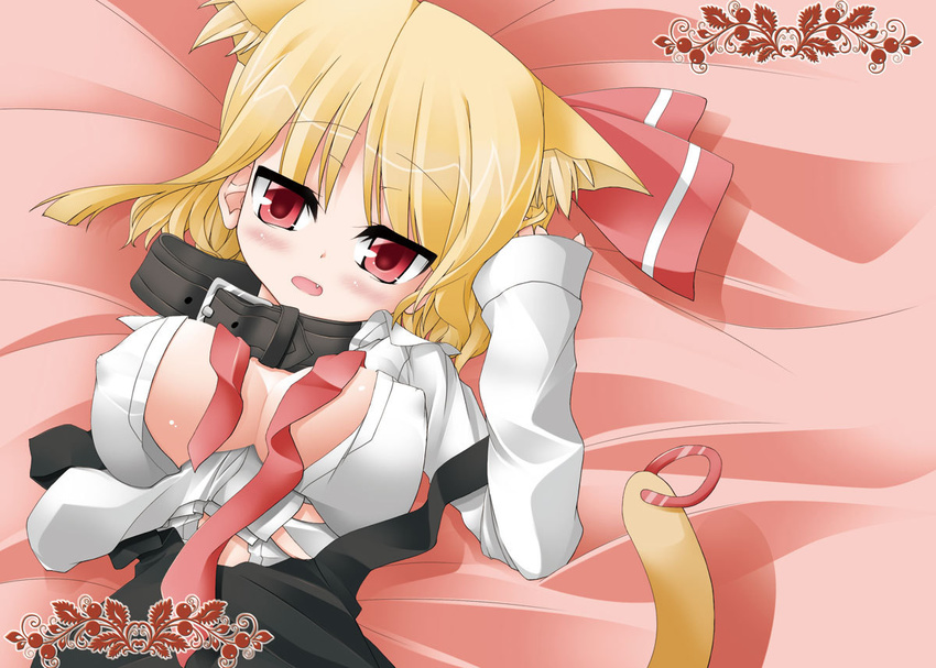 animal_ears bed blonde_hair blush breast_hold breasts cat_ears cat_tail collar fang hair_ribbon kemonomimi_mode large_breasts lying necktie on_back open_clothes open_shirt red_eyes ribbon rumia shirt short_hair solo tail touhou uhyo_(uhyoahya) undone_necktie