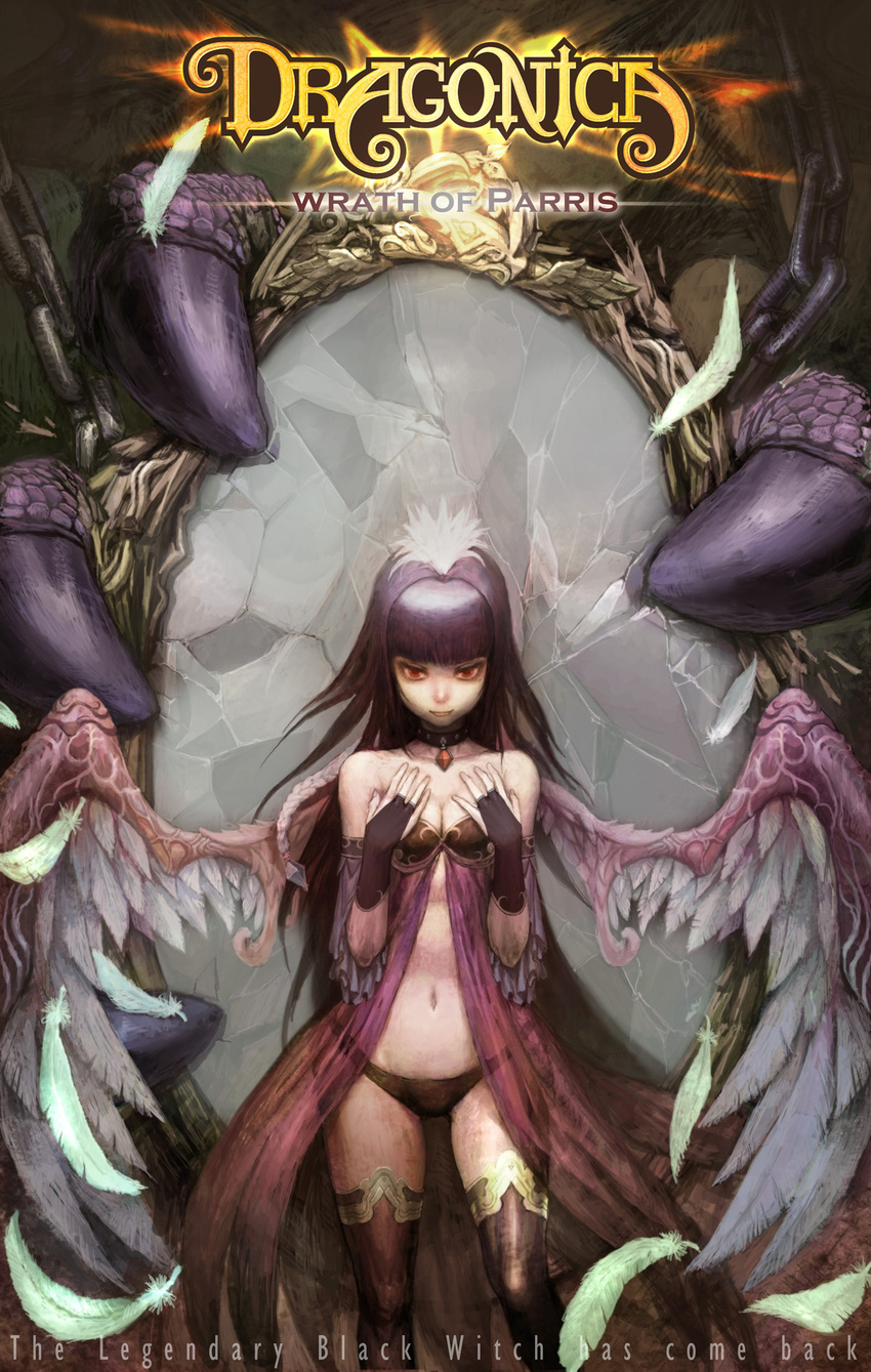 black_legwear breasts chain cleavage collar dragonica english feathered_wings feathers fingerless_gloves gloves highres long_hair loped medium_breasts mirror navel panties solo thighhighs underwear underwear_only wings