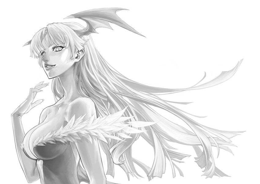 bare_shoulders bat_wings breasts cat_shi cleavage demon_girl elbow_gloves eyelashes fangs feathers gloves greyscale head_wings large_breasts lips long_hair monochrome morrigan_aensland solo succubus vampire_(game) wings