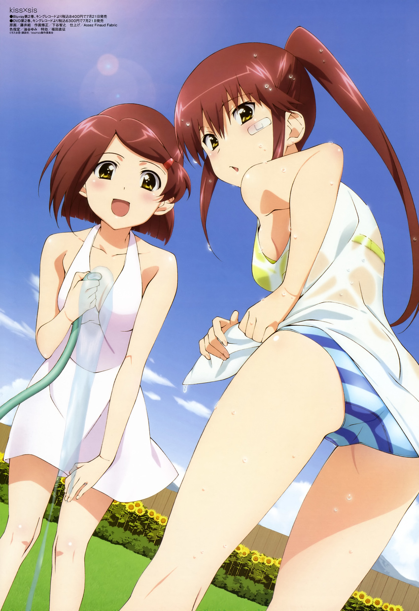 :d :o absurdres ass bandaid bandaid_on_face bare_arms bra day dress dutch_angle fence flower from_behind fujii_yui halterneck highres holding hose kiss_x_sis leaning_forward lens_flare lingerie looking_at_viewer looking_back megami multiple_girls official_art open_mouth panties ponytail scan see-through sky sleeveless sleeveless_dress smile standing striped striped_panties suminoe_ako suminoe_riko sundress sunflower underwear wet wet_clothes white_dress yellow_bra