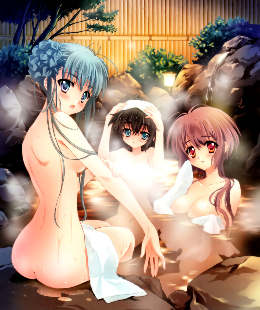 absurdres ass back bath black_hair blue_eyes blue_hair blush carnelian censored convenient_arm convenient_censoring embarrassed fujita_nodoka hair_bun hair_up highres holding holding_towel long_hair looking_at_viewer looking_back multiple_girls nude onsen open_mouth para-sol parted_lips red_eyes short_hair steam steam_censor towel towel_on_head towel_on_legs wet white_towel yatabe_miu yatabe_noa