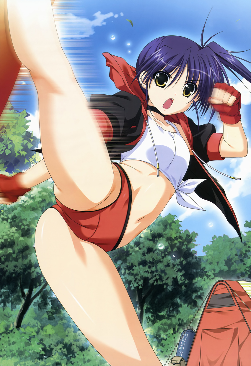 absurdres blue_hair buruma cameltoe camping choker cloud day error fingerless_gloves gloves green_eyes gym_uniform higa_yukari highres isis_eaglet jacket kicking legs lyrical_nanoha mahou_senki_lyrical_nanoha_force midriff motion_blur motion_lines navel nyantype punching_bag scenery shirt sky solo tank_top tent thighs tied_shirt tree