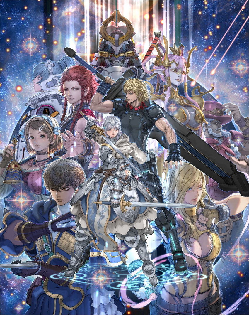 5boys 5girls albaird_bergholm armor armored_dress beard bell blonde_hair blue_hair braid breasts chakram cleavage dual_wielding elena_(star_ocean) everyone facial_hair greatsword grey_hair hat highres holding j.j._(star_ocean) laeticia_aucerius malkya_trathen marielle_l._kenny midas_felgreed multiple_boys multiple_girls nina_deforges official_art over_shoulder pink_hair raymond_lawrence red_hair star_ocean star_ocean_the_divine_force sword theo_klemrath tiara top_hat weapon weapon_over_shoulder yasuda_akira