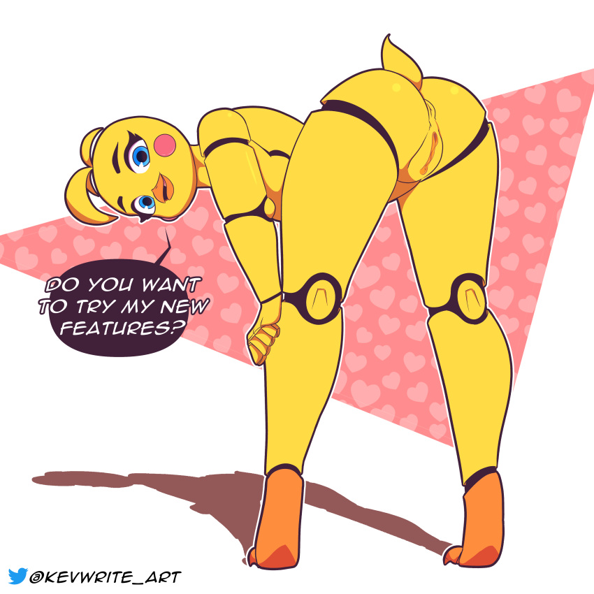 absurd_res animatronic anthro avian bird blue_eyes breasts butt chicken clothing female five_nights_at_freddy's five_nights_at_freddy's_2 fur galliform gallus_(genus) genitals hi_res kevwrite machine phasianid pussy robot scottgames solo text toy_chica_(fnaf) underwear video_games yellow_body yellow_fur