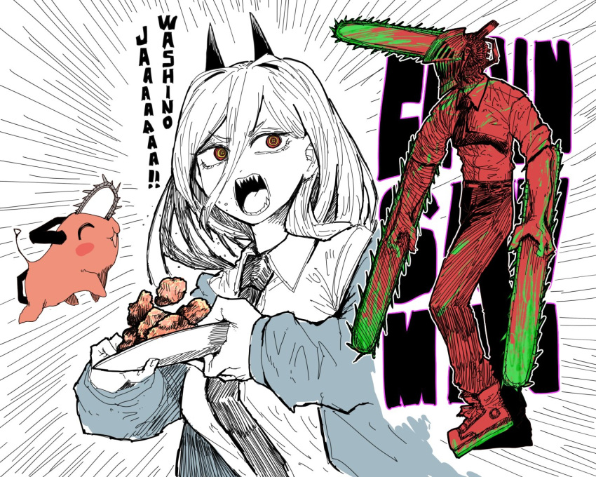 +_+ 1boy 1girl animal black_horns black_pants blood blood_splatter blue_jacket blush_stickers breasts chainsaw chainsaw_man closed_eyes copyright_name demon_horns denji_(chainsaw_man) dog food green_blood handle highres holding holding_food horns ink_(medium) jacket large_breasts limited_palette long_hair medium_breasts necktie no_eyes pants plate pochita_(chainsaw_man) power_(chainsaw_man) sharp_teeth shirt sleeves_rolled_up string_pull tail teeth traditional_media white_background white_shirt zyugoya