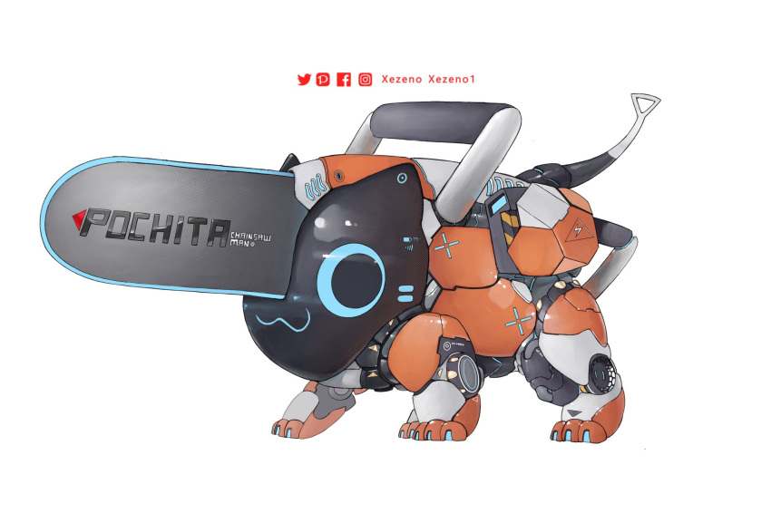 :3 artist_name chainsaw chainsaw_man character_name copyright_name dog facebook_logo full_body highres hybrid instagram_logo joints looking_at_viewer mechanization no_humans pixiv_logo pochita_(chainsaw_man) robot robot_joints science_fiction simple_background solo standing twitter_logo white_background xezeno