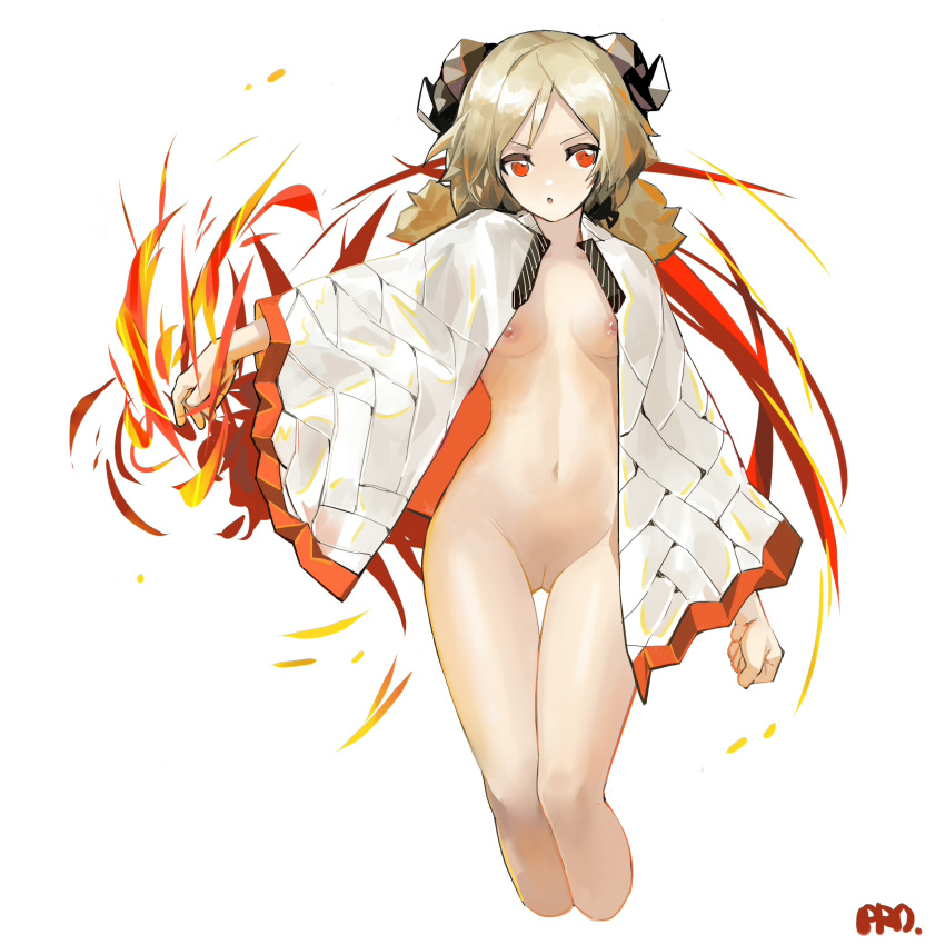1girl :o absurdres arknights breasts breasts_apart brown_hair cleft_of_venus clenched_hand cloak cropped_legs fire groin highres horns ifrit_(arknights) low_twintails naked_cloak navel nipples orange_hair prossss pussy short_twintails simple_background small_breasts solo twintails v-shaped_eyebrows white_background white_cloak