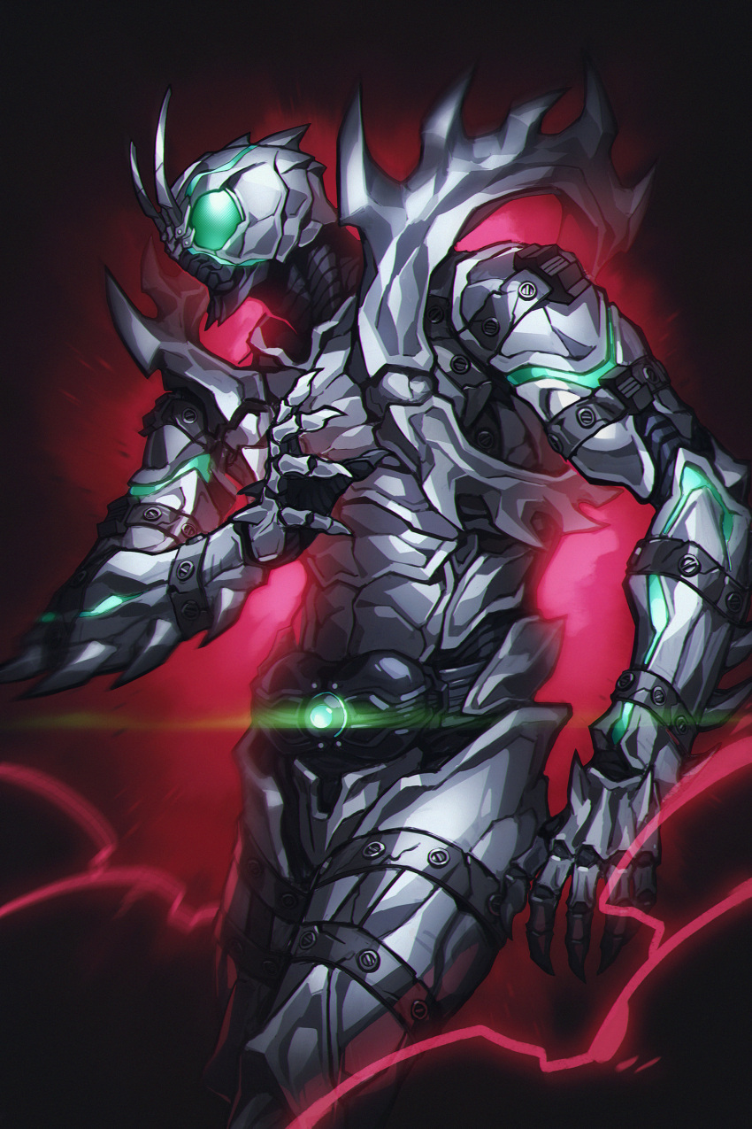 1boy absurdres antennae armor claws commentary dark_background glowing green_eyes highres kamen_rider kamen_rider_black_(series) kamen_rider_black_sun kamen_rider_shadow_moon kingstone monster no_humans onion_maru rider_belt shadow_moon solo spikes standing upper_body