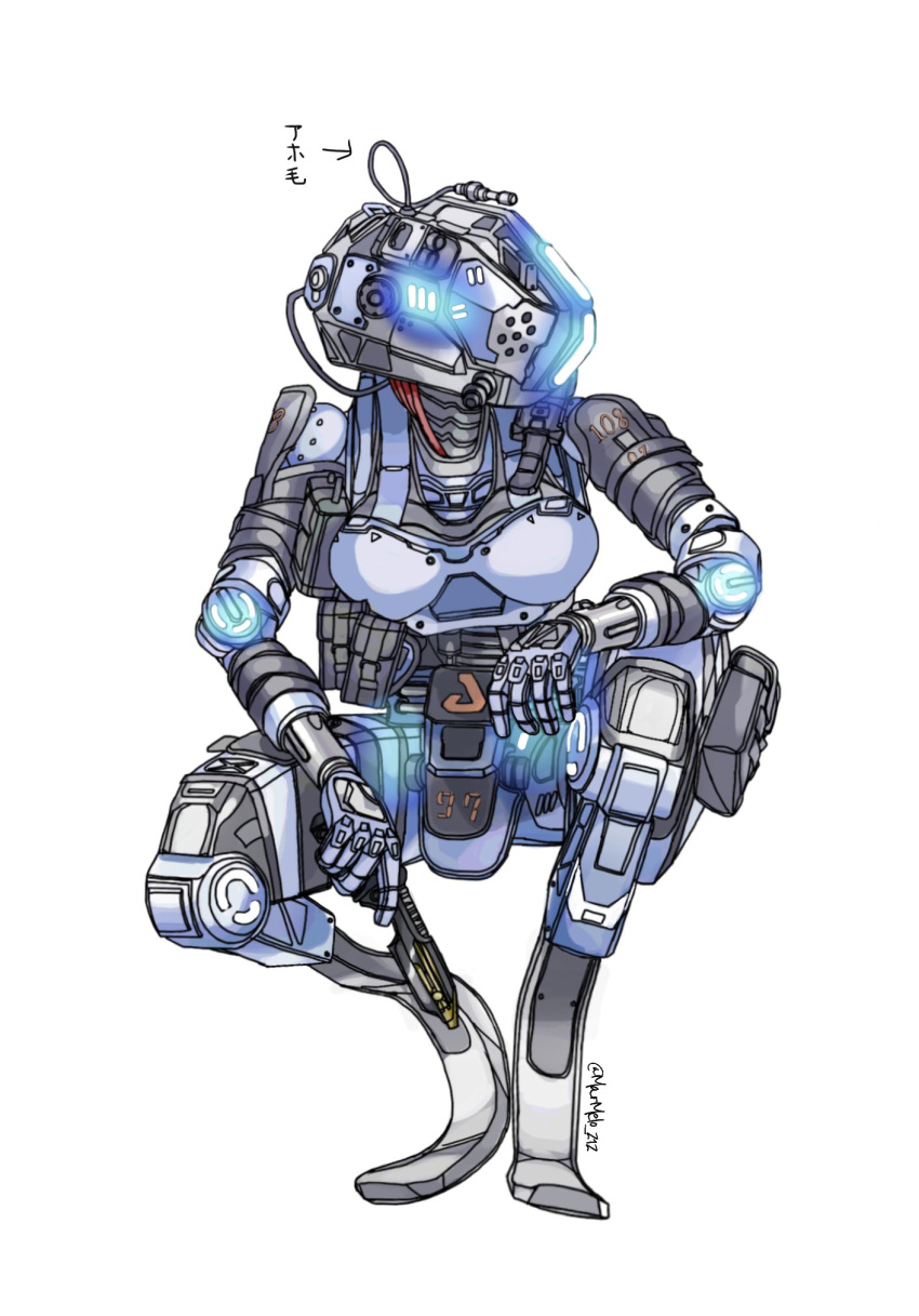 1girl breasts cable glowing highres holding holding_knife humanoid_robot knife kotone_a medium_breasts pilot_(titanfall_2) pouch robot science_fiction simulacrum_(titanfall) solo squatting stim_pilot_(titanfall_2) titanfall_(series) titanfall_2 twitter_username white_background