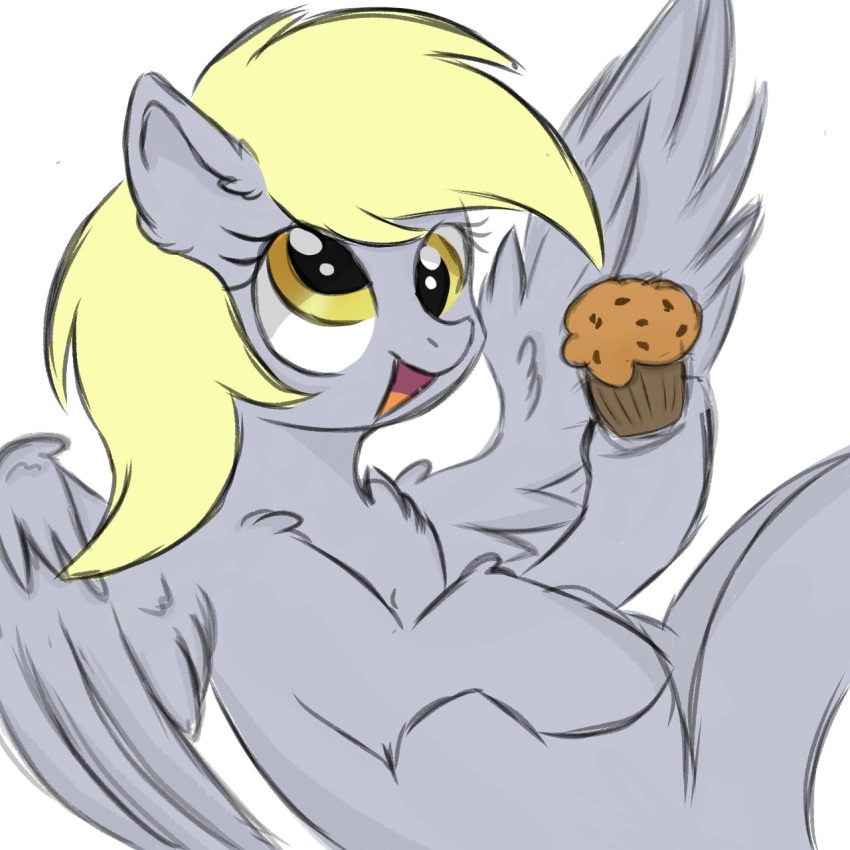 blonde_hair derp_eyes derpy_hooves_(mlp) digital_media_(artwork) equid equine eyelashes feathered_wings feathers female feral food friendship_is_magic fur grey_body grey_feathers grey_fur hair happy hasbro hi_res holding_food holding_object hooves kusturbrick mammal muffin my_little_pony open_mouth open_smile pegasus simple_background smile white_background wings yellow_eyes