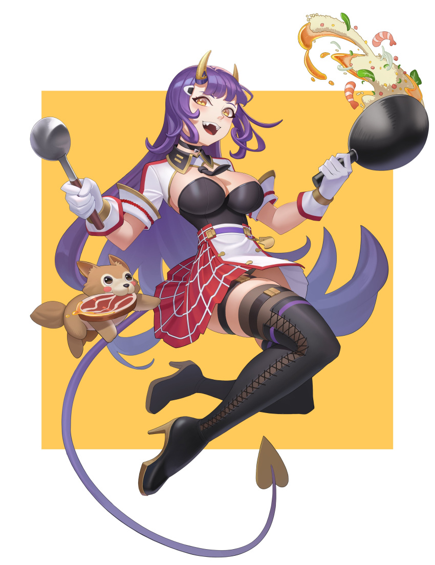 absurdres between_breasts black_leotard black_necktie boots breasts cleavage cooking cross-laced_footwear demon_tail dog fangs food food-themed_hair_ornament full_body gold_horns hair_ornament high_heels highres horns indie_virtual_youtuber large_breasts leotard long_hair looking_at_viewer multicolored_tail necktie necktie_between_breasts oni oni_horns onigiri_(vtuber) onigiri_hair_ornament open_mouth purple_hair purple_tail rumbee simple_background smile tail thigh_boots thigh_strap two-tone_gloves two-tone_tail very_long_hair yellow_eyes yellow_horns yellow_tail zettai_ryouiki