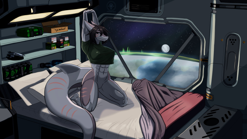 abs absurd_res anthro aurora_borealis bed bedroom black_hair blue_eyes bottomless bottomwear bullet chromakoros clothed clothing crop_top female fish furniture genitals grey_body grey_skin hair hi_res kneeling kneeling_on_bed marine mass_effect monster_energy moon muscular natalie_(aerospaceshark) normandy_sr2 orbital_habitat planet pussy science_fiction shark shirt solo space spacecraft stretching_arms stripes topwear vehicle video_games