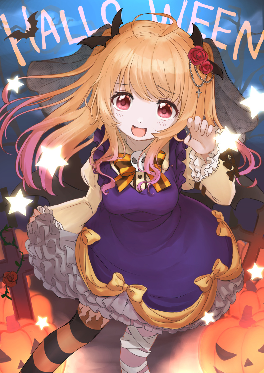 1girl absurdres ahoge background_text bandaged_leg bandages bangs bat_(animal) bat_hair_ornament blonde_hair bow bowtie claw_pose collared_dress commentary dress english_text fang flower frilled_dress frilled_sleeves frills hair_flower hair_ornament halloween halloween_costume highres jack-o'-lantern long_hair long_sleeves looking_at_viewer medium_dress night open_mouth orange_bow orange_bowtie orange_thighhighs original outdoors purple_dress red_eyes red_flower red_rose rose single_thighhigh skirt_hold skull_ornament smile solo standing star_(symbol) striped striped_thighhighs thighhighs yaminabe_(szhal14)