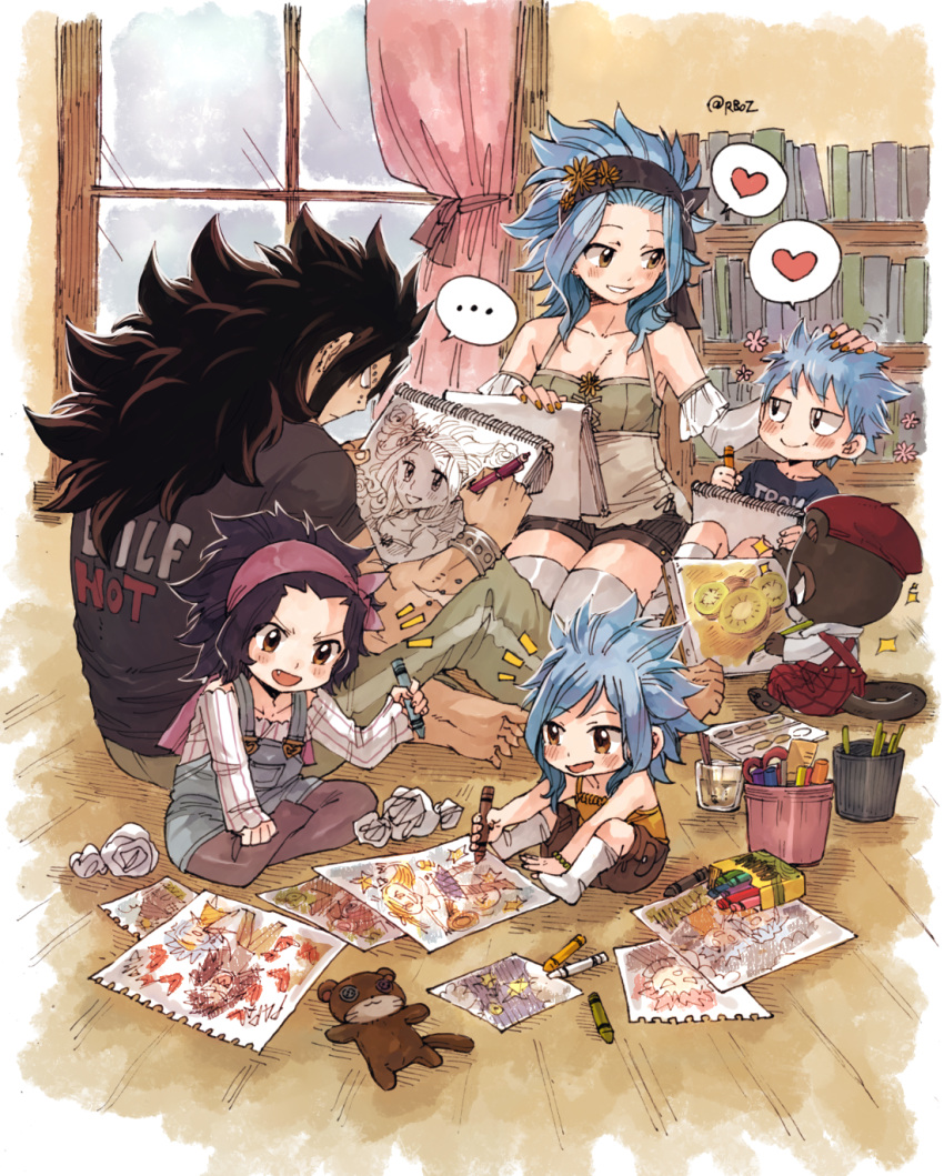 2boys 3girls :d bad_id bad_tumblr_id black_hair black_shirt black_shorts blue_hair blush bookshelf breasts brown_nails brown_pants brown_shorts cleavage detached_sleeves eye_contact fairy_tail fang gajeel_redfox grin hand_on_another's_head headband heart highres holding holding_pen if_they_mated indian_style indoors levy_mcgarden long_hair looking_at_another multiple_boys multiple_girls nail_polish open_mouth overalls pantherlily pants pantyhose pen rusky shirt short_shorts short_sleeves shorts signature sitting sketch sketchbook sketching sleeveless small_breasts smile striped striped_shirt thighhighs vertical-striped_shirt vertical_stripes very_long_hair window wooden_floor zettai_ryouiki