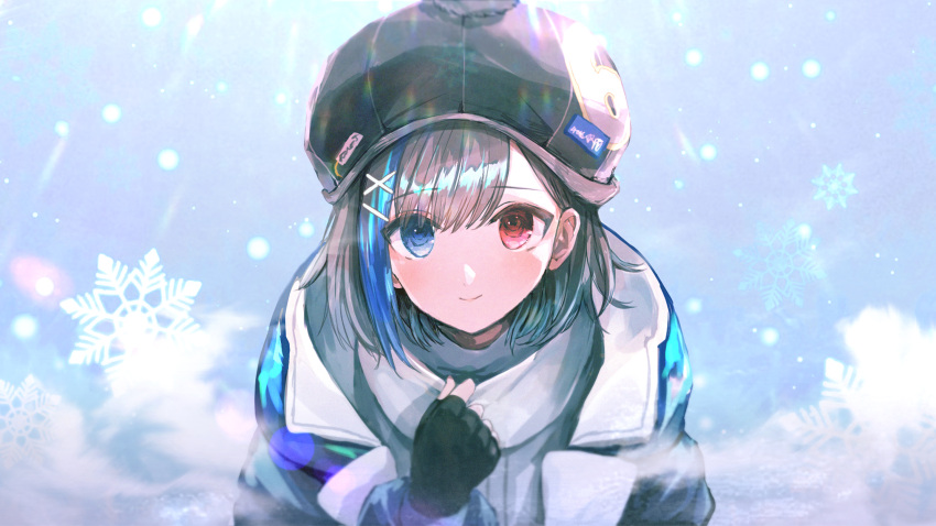 1girl bangs black_gloves black_headwear blue_eyes blush closed_mouth cocoritter_(tower_of_fantasy) fingerless_gloves gloves hair_ornament hairclip hat heterochromia highres looking_at_viewer maru51 outdoors red_eyes scarf smile snow snowflakes snowing solo tower_of_fantasy upper_body winter winter_clothes