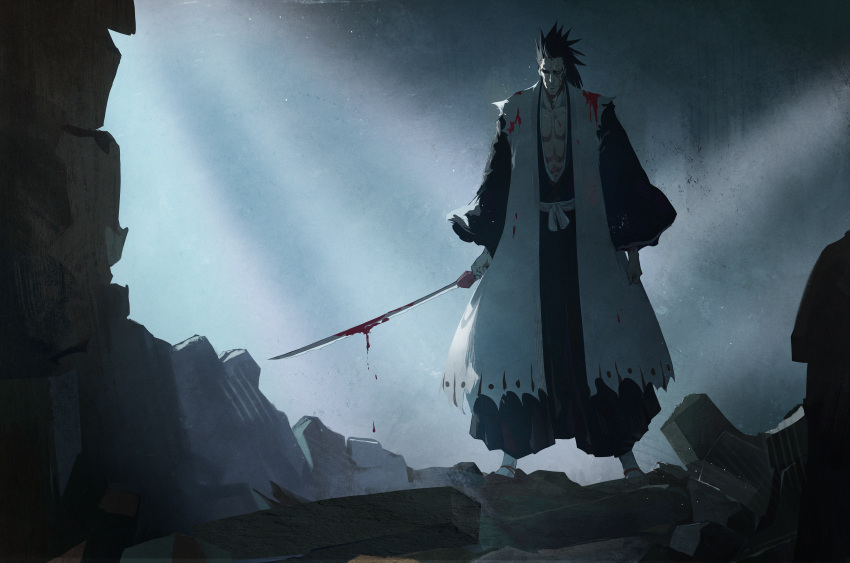 abs absurdres black_footwear black_hair black_pants black_shirt bleach blood blood_on_knife character_request death_(entity) full_body grey_sky grim_reaper highres holding holding_sword holding_weapon knife light looking_at_viewer pants rock ruins shade shirt shoes smile socks spiked_hair standing sword weapon white_shirt white_socks zzz_zhi_he