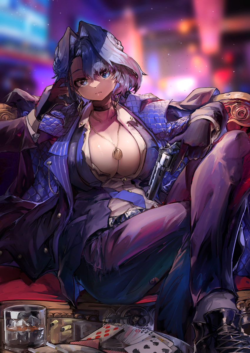 1girl absurdres bangs blue_eyes blue_hair breasts cleavage cup drinking_glass formal gangster gun hair_intakes highres hololive hololive_english jacket jewelry looking_at_viewer mafia necktie ouro_kronii pants revolver shell_casing short_hair sitting solo suit virtual_youtuber vyragami weapon
