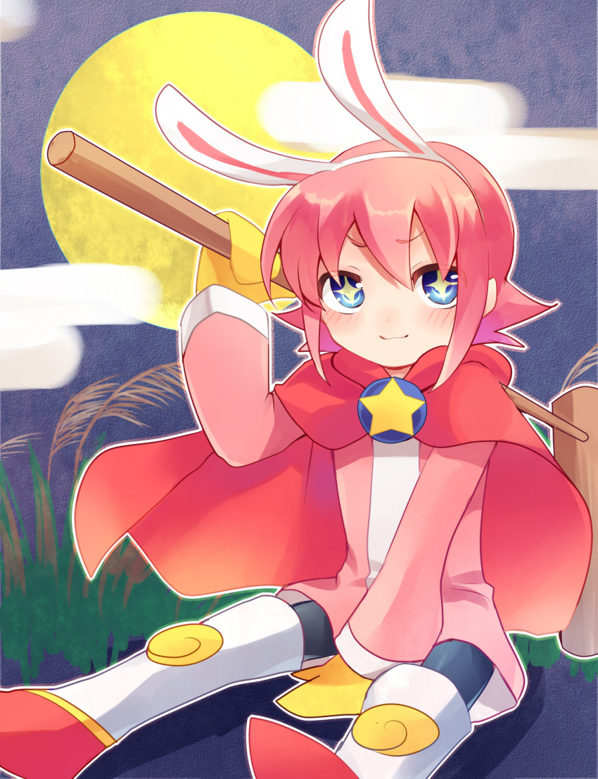 +_+ 1boy animal_ears black_pants blue_eyes blush cape closed_mouth gloves hair_between_eyes highres long_sleeves looking_at_viewer moon night night_sky outdoors pants pink_cape pink_hair pink_shirt puyopuyo rabbit_ears salde_canarl_shellbrick_iii shirt sitting sky v-shaped_eyebrows white_shirt xox_xxxxxx yellow_gloves yellow_star