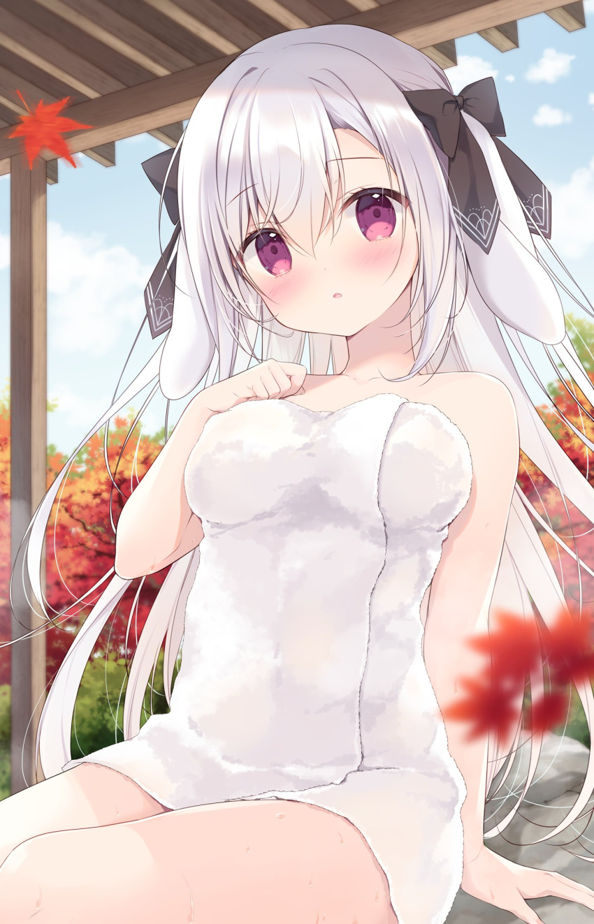 1girl autumn_leaves bangs black_bow blush bow breasts day falling_leaves hair_ribbon hand_on_own_chest highres large_breasts leaf long_hair looking_at_viewer maple_leaf miyasaka_miyu naked_towel onsen original outdoors red_eyes ribbon rock sitting sky solo towel tree white_hair