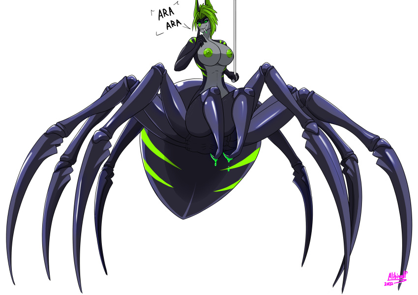 8_legs absurd_res alibiwolf anthro ara_ara arachnid arthropod arthropod_abdomen breasts canid canine canis fangs female green_markings hi_res humanoid hybrid jackal looking_at_viewer mammal markings nude sabertooth_(disambiguation) silk solo spider taur venom vex_(alibiwolf)