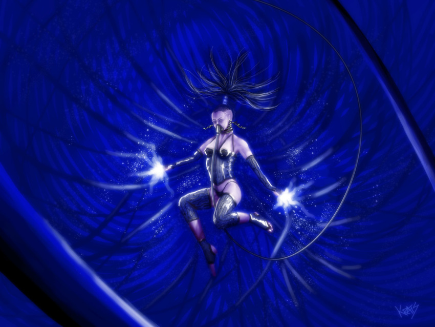 1girl bare_hips bare_shoulders blue_theme breasts cable closed_eyes commentary electricity eve_online floating floating_hair glowing krats long_hair medium_breasts original photoshop_(medium) science_fiction solo