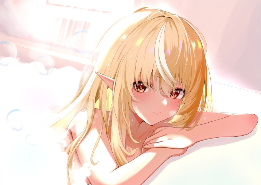 1girl alternate_hairstyle arm_rest bath bathing bathtub blonde_hair blush bubble bubble_bath closed_mouth commentary dark-skinned_female dark_skin hair_between_eyes hair_down hair_intakes highres hololive long_hair looking_at_viewer multicolored_hair o29sukizero own_hands_together pointy_ears red_eyes shiranui_flare smile solo topless two-tone_hair upper_body virtual_youtuber white_hair