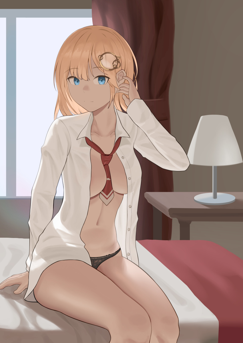 1girl absurdres adjusting_hair areola_slip bedside black_panties blonde_hair blue_eyes breasts cleavage closed_mouth covered_nipples dress_shirt hair_ornament highres hololive hololive_english indoors large_breasts looking_at_viewer loose_necktie medium_hair monocle_hair_ornament navel necktie no_bra open_clothes open_shirt panties see-through_silhouette shift_(shiftillust) shirt sitting smile solo underwear virtual_youtuber watson_amelia