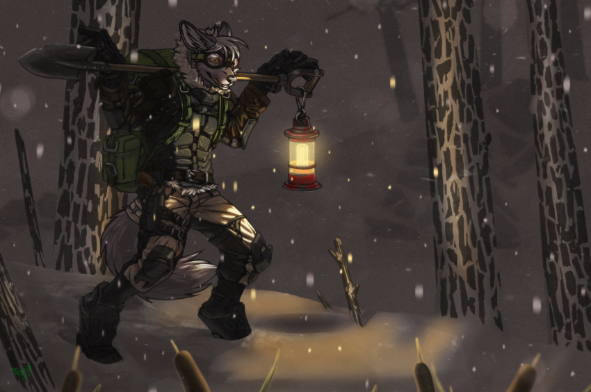anthro armor backpack boots bottomwear canid canine canis clothed clothing coat detailed_background digital_media_(artwork) eyewear fighterjet footwear forest fox gloves goggles hair handwear headgear hi_res holding_object humanoid hybrid lamp lantern male mammal open_mouth outside plant post-apocalyptic shovel smile snow snowing solo tools topwear tree wolf