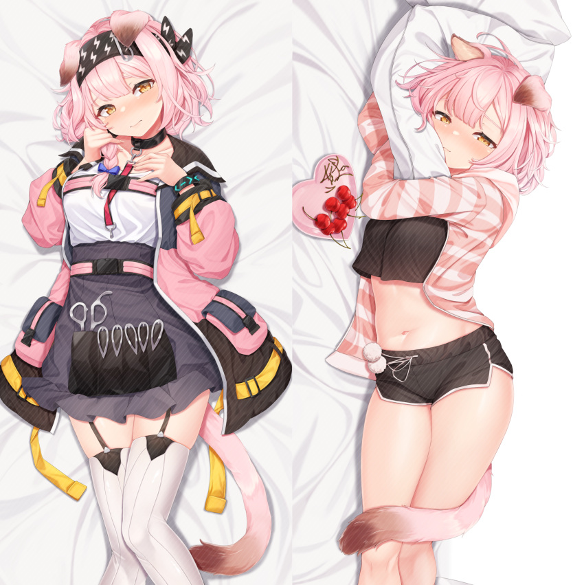 1girl animal_ears arknights black_bow black_collar black_hairband black_jacket black_shirt black_skirt blush bow breasts cardigan cat_ears cat_girl cat_tail collar cropped_shirt dakimakura_(medium) feet_out_of_frame floppy_ears garter_straps goldenglow_(arknights) hair_bow hair_ornament hairband hairclip heart highres jacket lightning_bolt_print long_sleeves looking_at_viewer lying meemo midriff multicolored_clothes multicolored_jacket navel on_side open_cardigan open_clothes open_jacket pillow pink_cardigan pink_hair pink_jacket print_bow print_hairband shirt short_shorts shorts skirt small_breasts solo striped_cardigan tail thighhighs thighs two-tone_jacket white_shirt white_thighhighs yellow_eyes