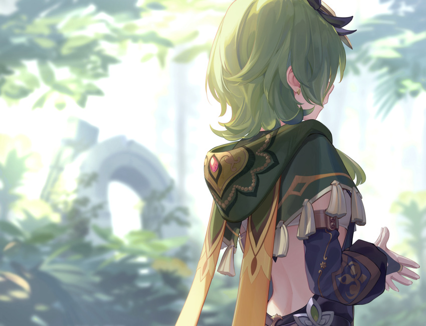 1girl backless_outfit bare_back bridal_gauntlets capelet collei_(genshin_impact) commentary_request detached_sleeves genshin_impact green_hair hair_ornament highres own_hands_together short_hair solo u_jie upper_body