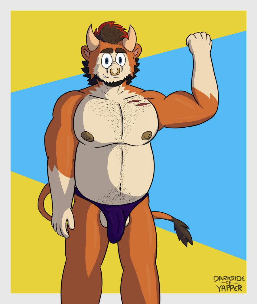 anthro bovid bovine bulge cattle chubby_male darkyapper erection hi_res male male/male mammal muscular nipples simple_background solo
