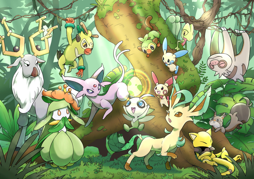 1girl 1other :3 abra absurdres antennae arm_up arms_up black_eyes blue_eyes blush_stickers bright_pupils brown_eyes brown_sclera bush celebi cheek_bulge claws closed_eyes closed_mouth colored_sclera colored_skin commentary covering_mouth crown day deer egg espeon fairy fairy_wings fern floating floating_object flower forehead_jewel forest full_body gem grass green_hair green_skin grookey hair_flower hair_ornament half-closed_eyes hanging happy highres leaf leafeon light_rays lilligant long_hair looking_down looking_up mini_crown minun monkey monster_girl moss nature open_mouth orange_eyes outdoors own_hands_together plant plant_girl plusle pokemon pokemon_(creature) pokemon_egg purple_sclera q-chan red_eyes red_flower red_gemstone sidelocks sitting skwovet slakoth sloth_(animal) smile sparkle spread_legs standing sunlight thwackey tilted_headwear tree treecko upside-down vines white_eyes white_pupils white_skin wings wyrdeer yellow_headwear yellow_sclera