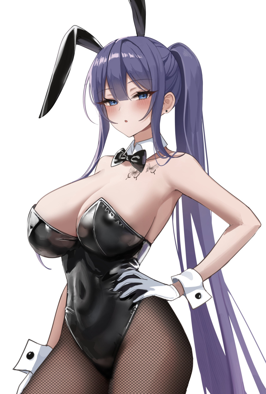 1girl absurdres animal_ears bangs bare_shoulders biya_(1024) black_leotard blue_eyes blush bow bowtie breasts cleavage covered_navel detached_collar fake_animal_ears fishnet_pantyhose fishnets highleg highleg_leotard highres large_breasts leotard long_hair looking_at_viewer original pantyhose playboy_bunny rabbit_ears simple_background solo strapless strapless_leotard thighs white_background wrist_cuffs