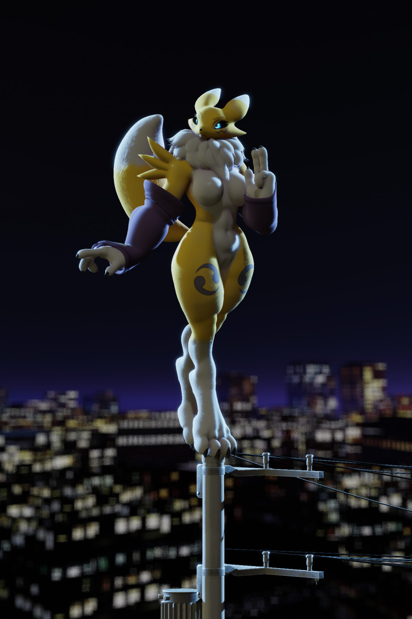 action_pose anthro bandai_namco big_breasts black_sclera blender_(software) blue_eyes breasts canid canine chest_tuft city city_background cityscape claws clothed clothing digimon digimon_(species) dogzeela ears_back feet female fever-dreamer fox fur glowing glowing_eyes hi_res mammal mostly_nude multicolored_body multicolored_fur night night_sky paws pivoted_ears pose renamon solo toes tuft white_body white_fur yellow_body yellow_fur