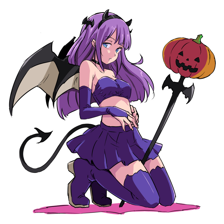 1girl bandeau bangs bare_shoulders bat_hair_ornament black_choker blue_eyes blunt_ends boots bridal_gauntlets choker commentary demon_horns demon_tail demon_wings elbow_gloves fake_horns fake_tail fake_wings full_body gloves hair_ornament half-closed_eyes halloween halloween_costume highres horns jack-o'-lantern kaguya_madoka kneeling long_hair looking_at_viewer midriff miniskirt parted_lips pleated_skirt precure purple_bandeau purple_footwear purple_gloves purple_hair purple_skirt simple_background skirt solo staff star_twinkle_precure tail thigh_boots uraki white_background wings