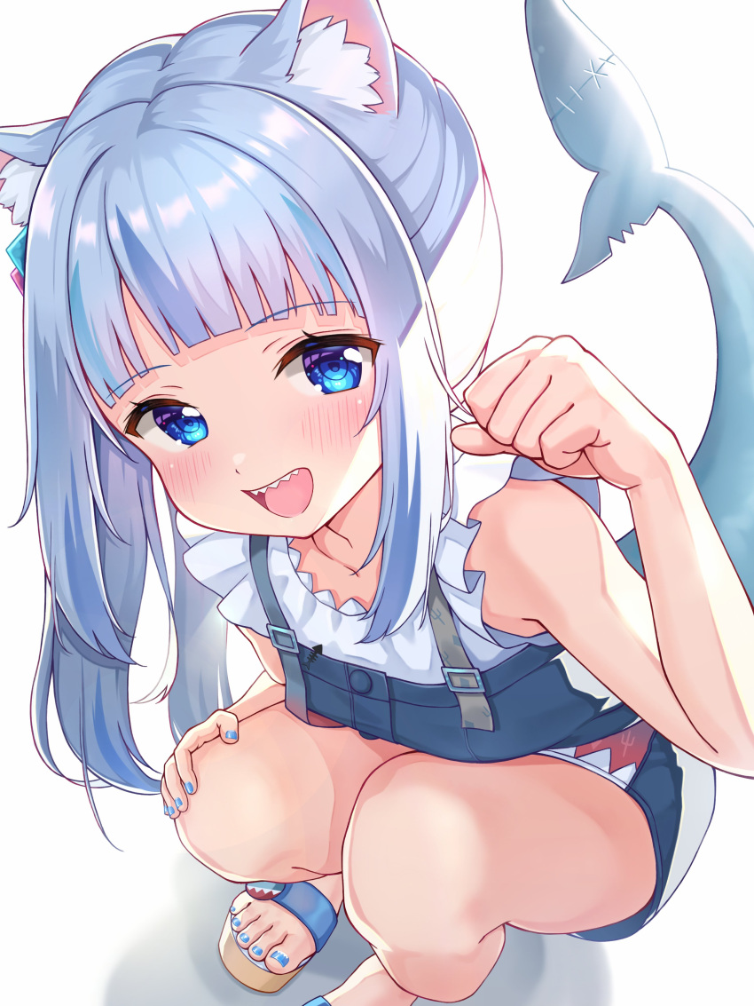 1girl absurdres animal_ear_fluff animal_ears bangs blue_dress blue_eyes blue_hair blunt_bangs blush breasts cat_ears collarbone dress dutch_angle eyelashes feet fish_tail frilled_sleeves frills gawr_gura hand_up head_tilt highres hololive hololive_english light_blue_hair looking_at_viewer multicolored_hair nail_polish open_mouth sandals shadow shark_girl shark_print shark_tail sharp_teeth shinno shiny shiny_hair short_dress short_sleeves sidelocks simple_background small_breasts solo squatting streaked_hair tail teeth thighs toenail_polish toenails toes virtual_youtuber white_background